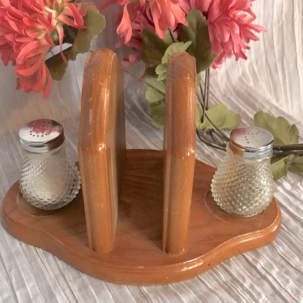 Vintage 1960s Salt & Pepper Shakers Cut Glass Beveled & Pfalzgraff napkin holder
